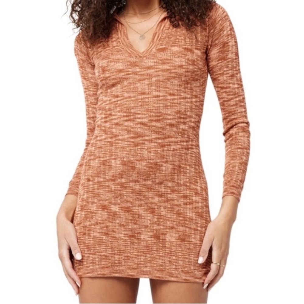 L*SPACE Women's Aria Long Sleeve Knit V Neck Mini Dress Sahara Orange Visc $132